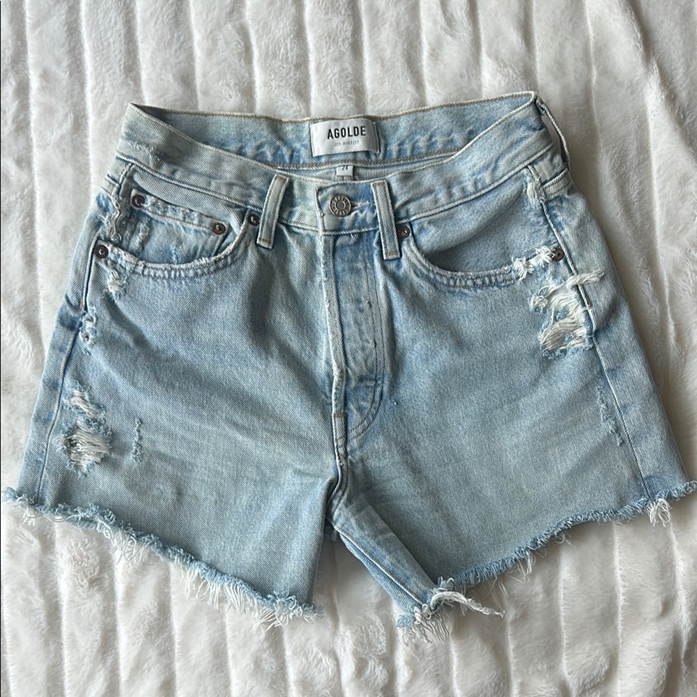 Agolde Distressed Light Blue Jean Shorts